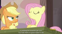 Size: 1279x711 | Tagged: safe, screencap, applejack, fluttershy, earth pony, pegasus, pony, the cutie map, meme, youtube caption