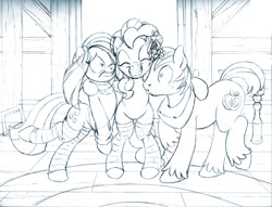 Size: 1053x804 | Tagged: safe, artist:brianblackberry, big macintosh, marble pie, pinkie pie, earth pony, pony, backbend, bipedal, bottomless, clothes, female, hug, male, marblemac, monochrome, open mouth, partial nudity, raised hoof, shipper on deck, shipping, sketch, socks, straight, wide eyes, wip