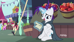 Size: 1279x719 | Tagged: safe, screencap, daisy, flower wishes, lily, lily valley, rarity, roseluck, earth pony, pony, unicorn, it isn't the mane thing about you, alternate hairstyle, animation error, discovery family logo, female, flower, mare, punk, raripunk, scroll