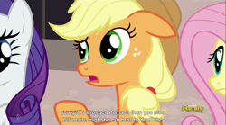 Size: 1280x712 | Tagged: safe, screencap, applejack, fluttershy, rarity, earth pony, pegasus, pony, unicorn, the cutie map, excuse, meme, raised eyebrow, raised hoof, youtube caption