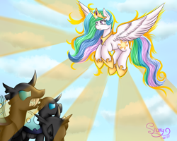 Size: 1280x1024 | Tagged: safe, artist:shamy-crist, princess celestia, alicorn, changeling, pony, flying