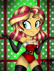 Size: 1536x2048 | Tagged: safe, artist:artmlpk, sunset shimmer, equestria girls, alternate hairstyle, bare shoulders, belt, blushing, boots, breasts, christmas, christmas outfit, cleavage, clothes, cute, ear piercing, earring, evening gloves, female, gloves, hips, holiday, jewelry, leotard, long gloves, looking at you, looking back, piercing, shimmerbetes, shoes, short hair, smiling, smirk, socks, solo, thigh boots, thigh highs, thighs