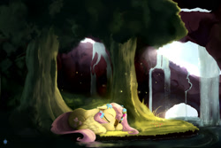 Size: 2400x1600 | Tagged: dead source, safe, artist:noctilucent-arts, fluttershy, pegasus, pony, cave, cute, female, flower, flower in hair, forest, mare, scenery, shyabetes, sleeping, solo, tree, water, waterfall