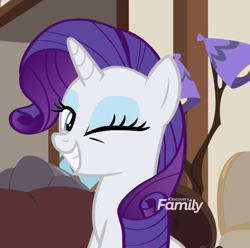 Size: 655x649 | Tagged: safe, screencap, rarity, pony, unicorn, it isn't the mane thing about you, cropped, cute, discovery family logo, female, mare, one eye closed, raribetes, solo, wink