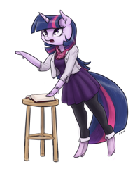 Size: 1000x1250 | Tagged: safe, artist:king-kakapo, derpibooru import, twilight sparkle, anthro, unguligrade anthro, arm hooves, book, boots, clothes, dress, jacket, multiple variants, pantyhose, scarf, solo, stool, watch