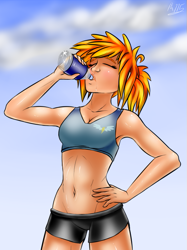 Size: 523x700 | Tagged: safe, artist:drizziedoodles, derpibooru import, spitfire, human, armpits, belly button, clothes, humanized, midriff, solo, sports bra