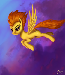 Size: 1024x1181 | Tagged: safe, artist:jeki, derpibooru import, spitfire, flying, solo, sunset