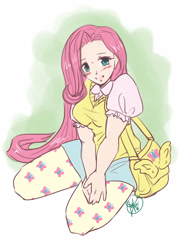 Size: 1500x2100 | Tagged: safe, artist:lunakai, derpibooru import, fluttershy, human, blushing, clothes, humanized, kneeling, pantyhose, shirt, skirt, skirt pull, solo, sweater vest, tote bag, vest