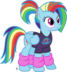 Size: 1354x1442 | Tagged: safe, artist:anime-equestria, derpibooru import, rainbow dash, pegasus, pony, 20% cooler, 80s, alternate hairstyle, backwards cutie mark, blushing, clothes, cute, dashabetes, ear piercing, female, leg warmers, mare, piercing, ponytail, shirt, simple background, smiling, solo, t-shirt, transparent background, vector, workout outfit