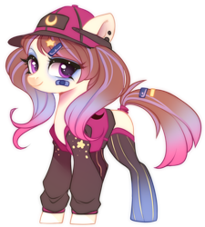 Size: 750x833 | Tagged: safe, artist:cabbage-arts, oc, oc only, oc:star slugger, earth pony, pony, bandaid, baseball cap, blank flank, cap, clothes, ear piercing, earring, eyeshadow, female, hat, jersey, jewelry, makeup, mare, piercing, simple background, socks, solo, stockings, thigh highs, transparent background