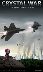 Size: 2300x3850 | Tagged: safe, artist:pandramodo, pinkie pie, earth pony, pony, the cutie re-mark, aircraft, alternate timeline, apinkalypse pie, bushmaster acr, crystal war timeline, f-22 raptor, gun, jas-39 gripen, jet fighter, pinkamena diane pie, poster, rifle, weapon