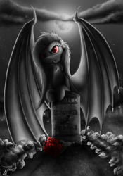 Size: 1528x2182 | Tagged: safe, artist:jamescorck, fluttershy, roseluck, bat pony, pony, fanfic:sanguine kindness, fanfic, fanfic art, flutterbat, gravestone, implied death, partial color, rest in peace, rose, solo