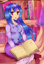 Size: 700x1000 | Tagged: safe, artist:psycho-mea, derpibooru import, twilight sparkle, human, book, bookshelf, clothes, humanized, pantyhose, shirt, skirt, solo, vest