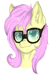 Size: 700x990 | Tagged: safe, artist:lesiwtroublemaker, fluttershy, pegasus, pony, bust, cute, glasses, portrait, shyabetes, smiling, solo