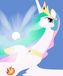 Size: 1000x1200 | Tagged: safe, artist:mangetsushingetsu, princess celestia, alicorn, pony, crown, female, jewelry, looking at you, mare, peytral, regalia, simple background, solo, spread wings, sun, wings