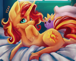 Size: 4293x3451 | Tagged: safe, artist:thewickedvix, sunset shimmer, pony, unicorn, bed, cute, female, looking at you, mare, pillow, plushie, shimmerbetes, solo, spyro the dragon