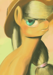 Size: 500x700 | Tagged: safe, artist:justdayside, applejack, earth pony, pony, applejack's hat, blonde mane, bust, female, green eyes, mare, orange coat, solo