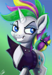 Size: 3541x5016 | Tagged: safe, artist:dinodraketakethecake, rarity, pony, unicorn, it isn't the mane thing about you, absurd resolution, alternate hairstyle, clothes, female, gradient background, grin, mare, raripunk, smiling, smirk, solo