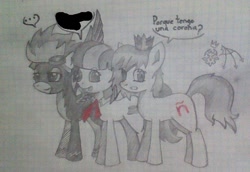 Size: 640x440 | Tagged: safe, derpibooru import, coco pommel, spitfire, oc, oc:maría teresa de los ponyos paguetti, monochrome, spanish, traditional art