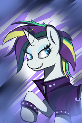 Size: 2000x3000 | Tagged: safe, artist:wilshirewolf, rarity, pony, unicorn, it isn't the mane thing about you, abstract background, alternate hairstyle, clothes, female, high res, mare, raised hoof, raripunk, short hair, smiling, solo