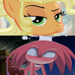 Size: 894x894 | Tagged: safe, edit, edited screencap, screencap, applejack, earth pony, pony, applejewel, copy and paste, crossover, duckface, knuckles the echidna, sonic the hedgehog (series), sonic x