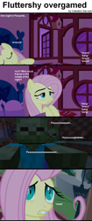 Size: 458x1091 | Tagged: safe, fluttershy, pegasus, pony, zombie, caption, comic, cs captions, female, fluttershy's cottage, mare, meep, minecraft, night, scared, sleeping