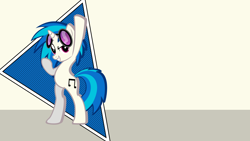 Size: 1920x1080 | Tagged: safe, artist:likonan, artist:mateo-thefox, derpibooru import, dj pon-3, vinyl scratch, pony, unicorn, abstract background, bipedal, female, hooves, horn, mare, smiling, solo, sunglasses, teeth, triangle, vector, wallpaper