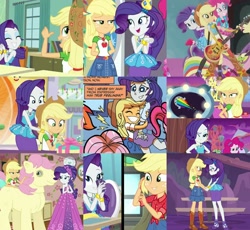 Size: 960x884 | Tagged: safe, artist:samyvillaly, derpibooru import, edit, idw, screencap, applejack, fluttershy, pinkie pie, posey, rainbow dash, rarity, better together, choose your own ending, costume conundrum, costume conundrum: applejack, equestria girls, forgotten friendship, g1, holidays unwrapped, rollercoaster of friendship, collage, comic, female, g1 to g4, generation leap, lesbian, rarijack, shipping, shipping fuel