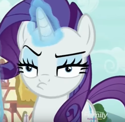 Size: 424x416 | Tagged: safe, screencap, rarity, pony, unicorn, it isn't the mane thing about you, discovery family logo, faic, female, mare, rarity is not amused, solo, unamused