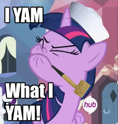 Size: 771x809 | Tagged: safe, derpibooru import, edit, edited screencap, screencap, twilight sparkle, twilight sparkle (alicorn), alicorn, pony, twilight's kingdom, female, hub logo, image macro, mare, meme, pipe, popeye, sailor hat, solo