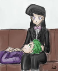 Size: 659x800 | Tagged: safe, artist:johnjoseco, artist:michos, octavia melody, spike, human, female, humanized, male, shipping, spiketavia, straight