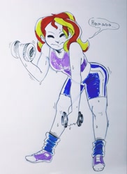 Size: 1495x2048 | Tagged: safe, artist:raph13th, sunset shimmer, human, clothes, converse, dumbbell (object), gym uniform, humanized, marker drawing, midriff, shoes, socks, sports bra, traditional art, workout