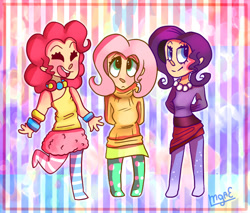 Size: 670x570 | Tagged: safe, artist:mariogamesandenemies, derpibooru import, fluttershy, pinkie pie, rarity, human, clothes, cute, humanized, missing shoes, necklace, pantyhose, skirt, socks, striped pantyhose, striped socks, sweater, sweatershy