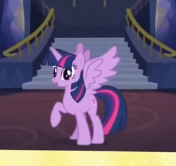 Size: 530x500 | Tagged: safe, derpibooru import, screencap, twilight sparkle, twilight sparkle (alicorn), alicorn, pony, twilight's kingdom, castle, female, mare, solo, spread wings, twilight's castle