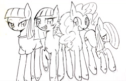 Size: 1280x822 | Tagged: safe, artist:91o42, limestone pie, marble pie, maud pie, pinkie pie, earth pony, pony, monochrome, pie sisters, sharp teeth, sisters