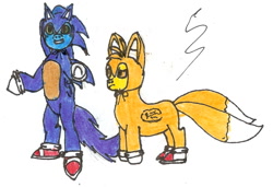 Size: 1314x900 | Tagged: safe, artist:slim-shadow-tss, derpibooru import, soarin', spitfire, cosplay, crossover, miles "tails" prower, sonic the hedgehog, sonic the hedgehog (series), traditional art, wat