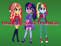 Size: 2000x1500 | Tagged: safe, alternate version, artist:saltymango, rainbow dash, sci-twi, sunset shimmer, twilight sparkle, equestria girls, alternate clothes, alternate hairstyle, clothes, cute, obtrusive watermark, socks, trio, watermark