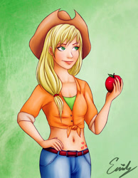 Size: 600x772 | Tagged: safe, artist:emmitz, applejack, human, belly button, humanized, solo