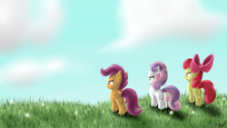 Size: 1920x1080 | Tagged: safe, artist:robbergon, derpibooru import, apple bloom, scootaloo, sweetie belle, cutie mark crusaders, wallpaper