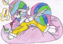 Size: 3027x2117 | Tagged: safe, artist:cuddlelamb, princess celestia, alicorn, pony, bathrobe, bed, bell, candle, clothes, floppy ears, food, high res, ice cream, lazy, magic, prone, robe, sick, simple background, solo, spots, telekinesis, thermometer, traditional art, uselesstia, white background