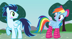 Size: 1280x693 | Tagged: safe, artist:mlplary6, derpibooru import, rainbow dash, soarin', pegasus, pony, blushing, bow, clothes, female, male, mare, shipping, soarindash, socks, stallion, straight, striped socks