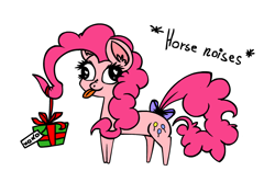 Size: 800x500 | Tagged: safe, artist:yooyfull, pinkie pie, earth pony, pony, christmas, descriptive noise, horse noises, meme, present, solo, tail bow