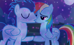 Size: 1180x720 | Tagged: safe, artist:mlplary6, derpibooru import, rainbow dash, soarin', pegasus, pony, female, kissing, male, mare, moon, night, shipping, soarindash, stallion, straight