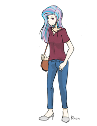 Size: 850x1100 | Tagged: safe, artist:kprovido, princess celestia, human, bag, clothes, high heels, humanized, looking at you, multicolored hair, pants, simple background, solo, standing, transparent background