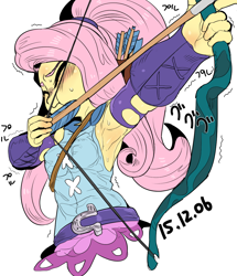 Size: 948x1100 | Tagged: safe, artist:nekubi, fluttershy, equestria girls, friendship games, :t, archery, armpits, arrow, blushing, bow (weapon), bow and arrow, clothes, eyes closed, female, shivering, simple background, solo, sweat, white background