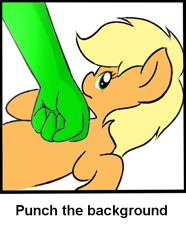 Size: 418x562 | Tagged: safe, applejack, earth pony, pony, image macro, meme, op is a cuck, op is trying to start shit, punch, solo