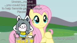 Size: 1185x669 | Tagged: safe, edit, fluttershy, pegasus, pony, :3, c:, comic sans, crossover, cute, genius, grammar, marketing, photoshop, smiling, stylistic suck, temmie, undertale