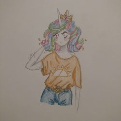 Size: 1942x1942 | Tagged: safe, artist:last-star-oc, princess celestia, human, alternate hairstyle, blushing, clothes, crown, horned humanization, humanized, jeans, jewelry, pants, photo, regalia, shirt, t-shirt, traditional art, younger