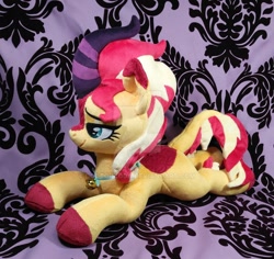 Size: 1280x1208 | Tagged: safe, artist:doctorkoda, sunset shimmer, kirin, bell, bell collar, cat bell, collar, irl, kirin-ified, photo, plushie, prone, solo, species swap