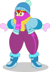 Size: 747x1070 | Tagged: safe, artist:cyberapple456, sunset shimmer, equestria girls, equestria girls series, holidays unwrapped, spoiler:eqg series (season 2), a christmas story, beanie, boots, clothes, coat, female, gloves, hat, huggable, saving pinkie's pie, scarf, shoes, show accurate, simple background, snow pants, solo, transparent background, vector, winter outfit